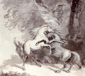 Caballos peleando en un camino boscoso Thomas Rowlandson en blanco y negro